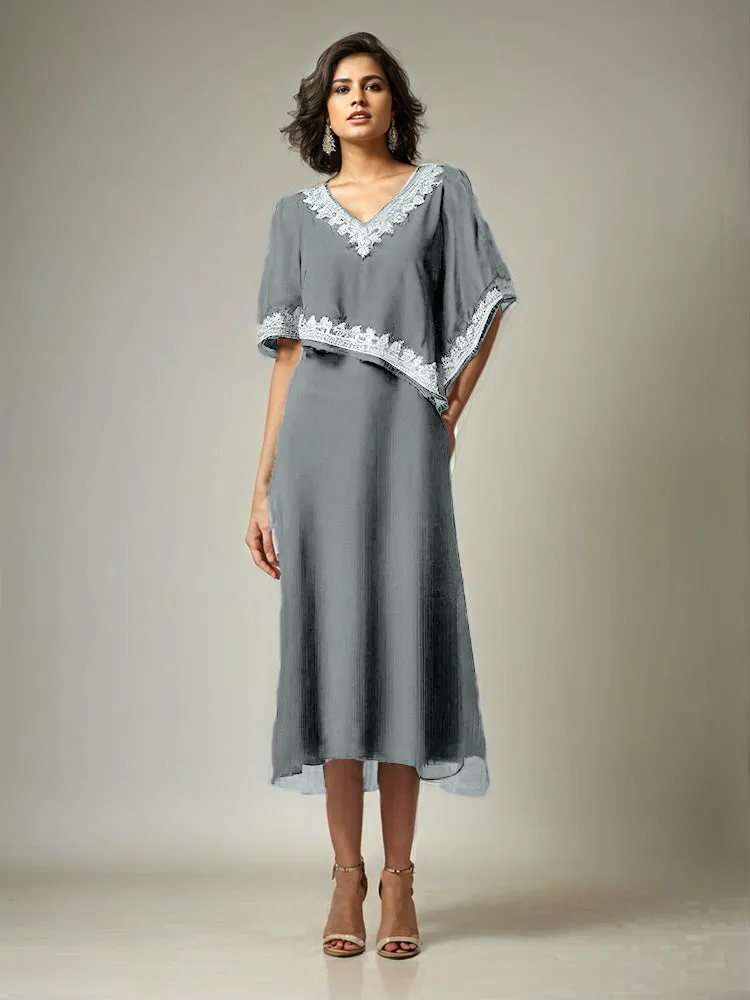 Half Sleeves V-neck Tea Length Embellished Cape Chiffon Mother Of The Bride Dress