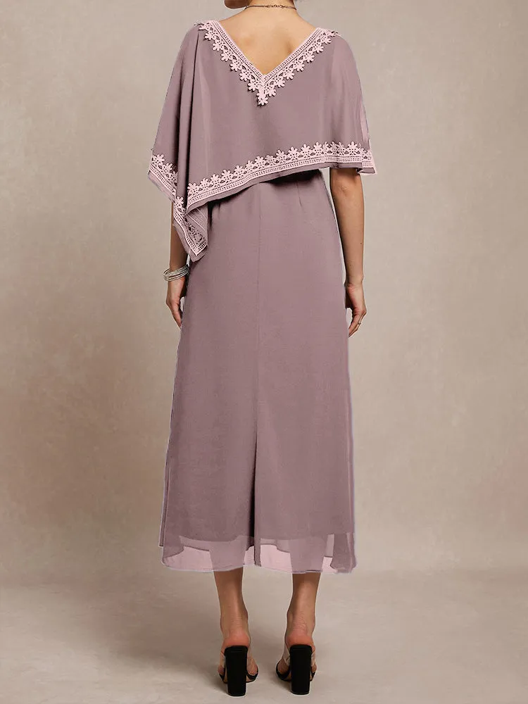 Half Sleeves V-neck Tea Length Embellished Cape Chiffon Mother Of The Bride Dress