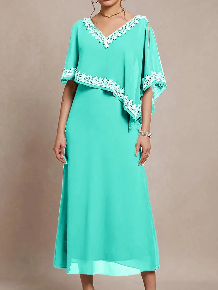 Half Sleeves V-neck Tea Length Embellished Cape Chiffon Mother Of The Bride Dress