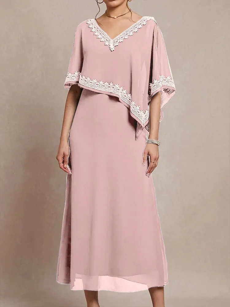 Half Sleeves V-neck Tea Length Embellished Cape Chiffon Mother Of The Bride Dress