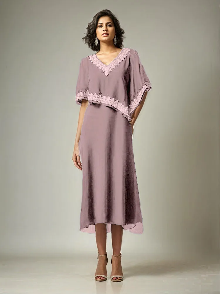 Half Sleeves V-neck Tea Length Embellished Cape Chiffon Mother Of The Bride Dress