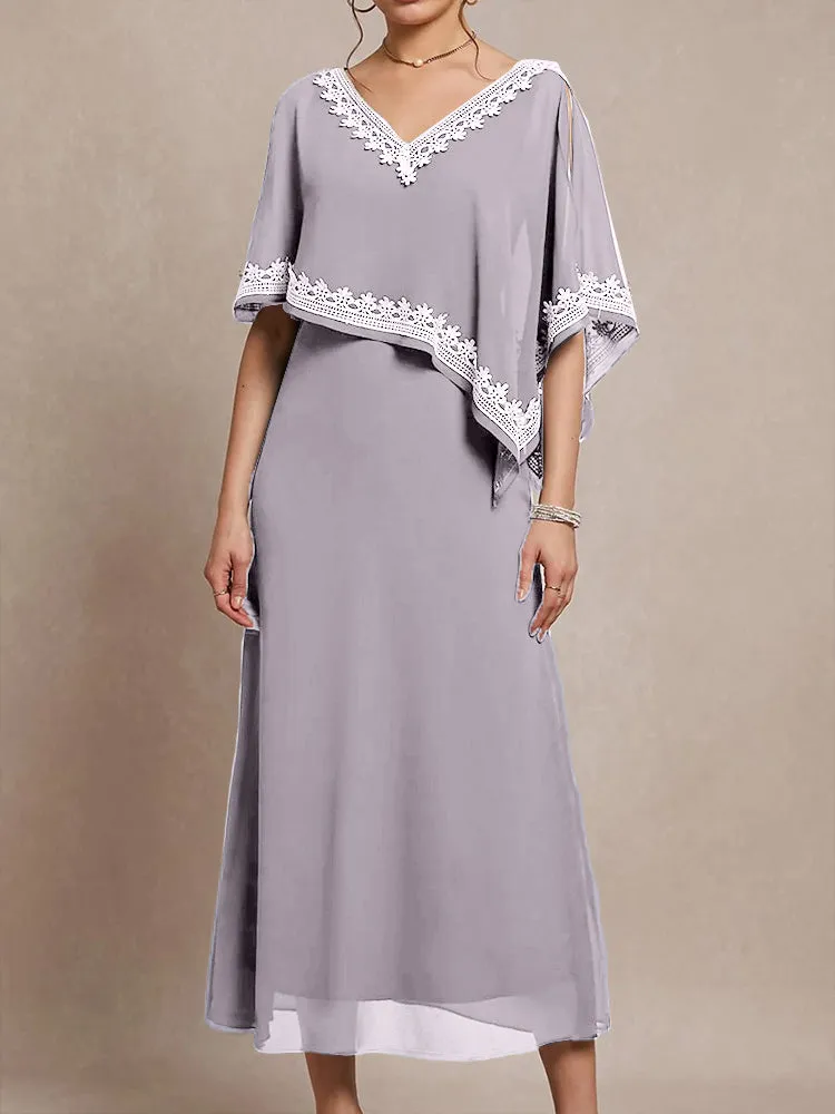 Half Sleeves V-neck Tea Length Embellished Cape Chiffon Mother Of The Bride Dress