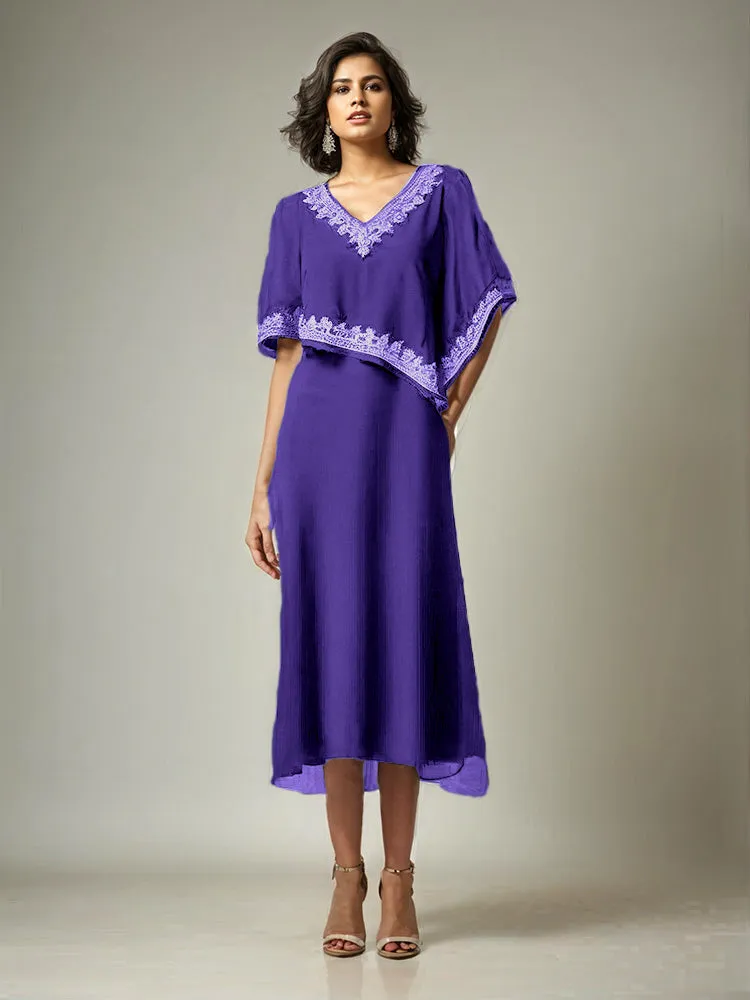 Half Sleeves V-neck Tea Length Embellished Cape Chiffon Mother Of The Bride Dress