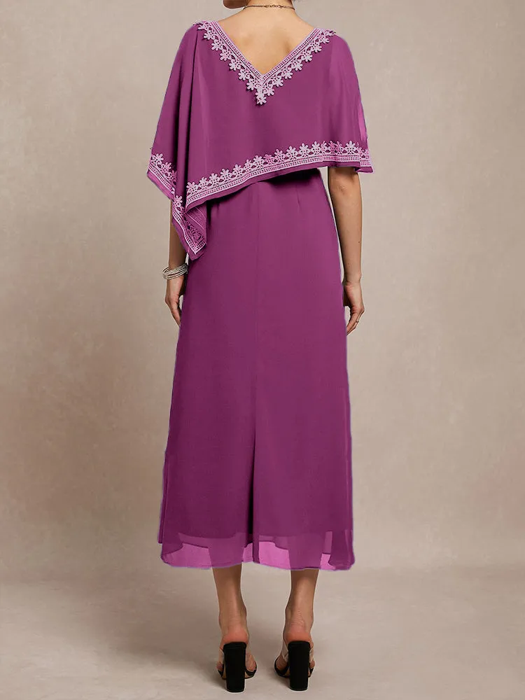 Half Sleeves V-neck Tea Length Embellished Cape Chiffon Mother Of The Bride Dress