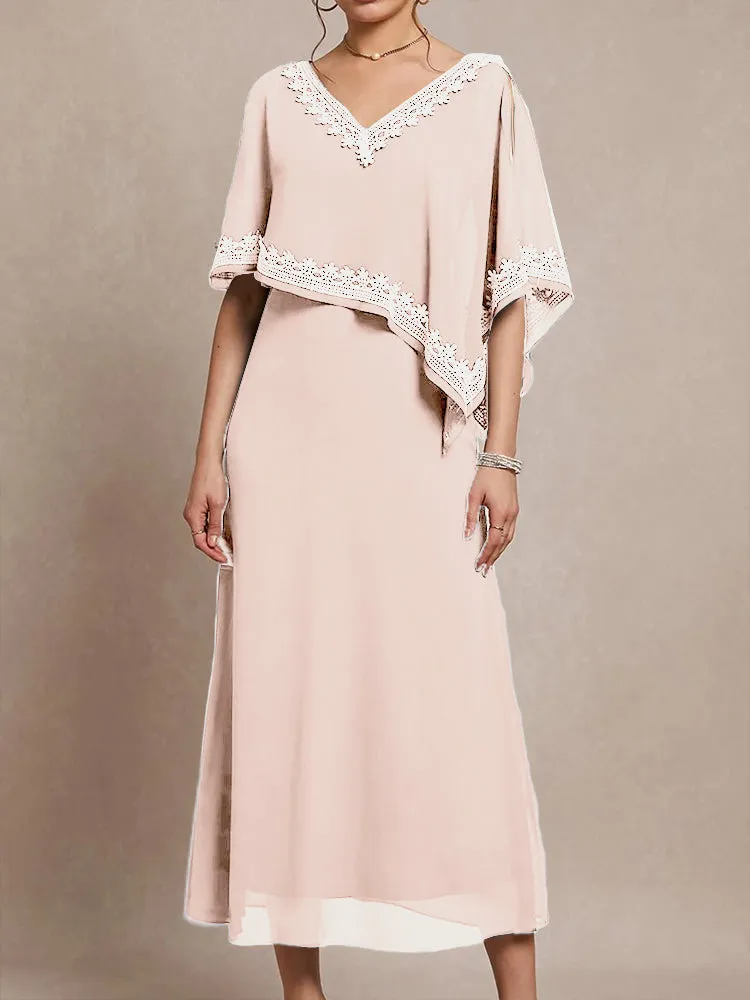 Half Sleeves V-neck Tea Length Embellished Cape Chiffon Mother Of The Bride Dress