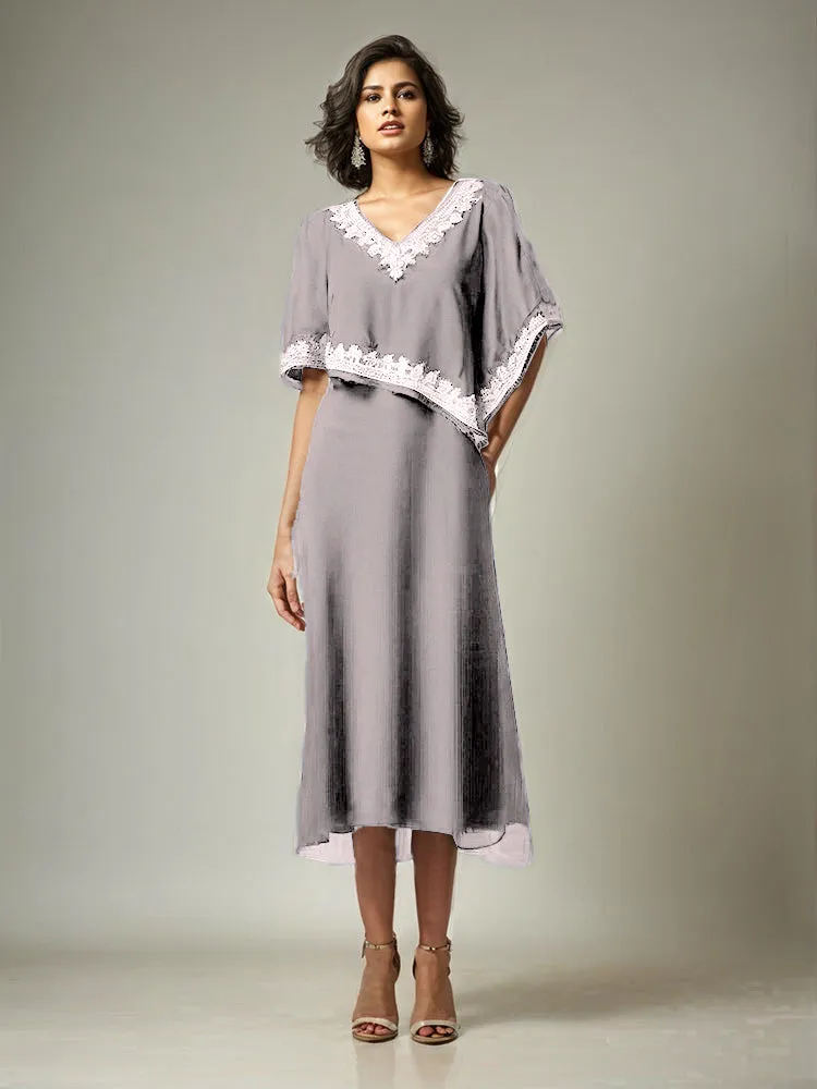 Half Sleeves V-neck Tea Length Embellished Cape Chiffon Mother Of The Bride Dress