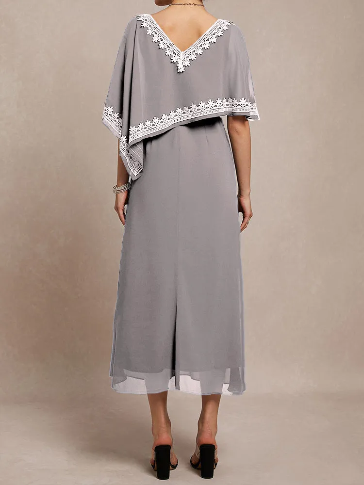 Half Sleeves V-neck Tea Length Embellished Cape Chiffon Mother Of The Bride Dress