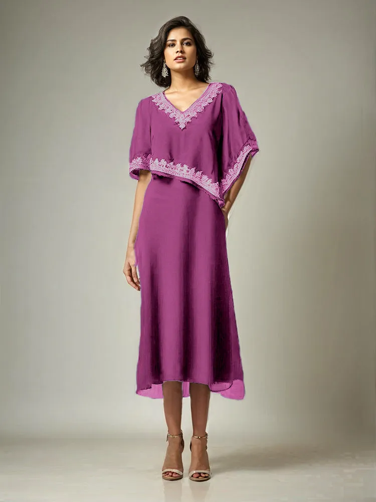 Half Sleeves V-neck Tea Length Embellished Cape Chiffon Mother Of The Bride Dress