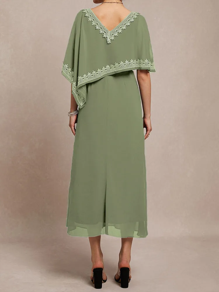 Half Sleeves V-neck Tea Length Embellished Cape Chiffon Mother Of The Bride Dress