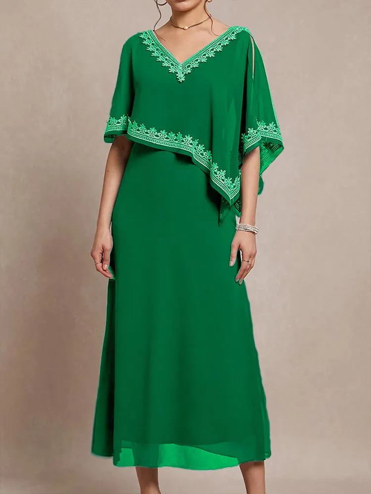 Half Sleeves V-neck Tea Length Embellished Cape Chiffon Mother Of The Bride Dress