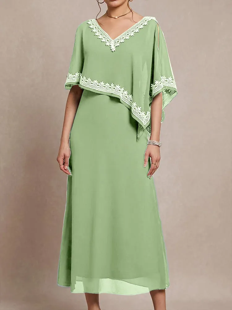 Half Sleeves V-neck Tea Length Embellished Cape Chiffon Mother Of The Bride Dress