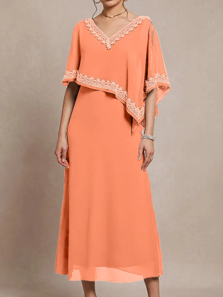 Half Sleeves V-neck Tea Length Embellished Cape Chiffon Mother Of The Bride Dress