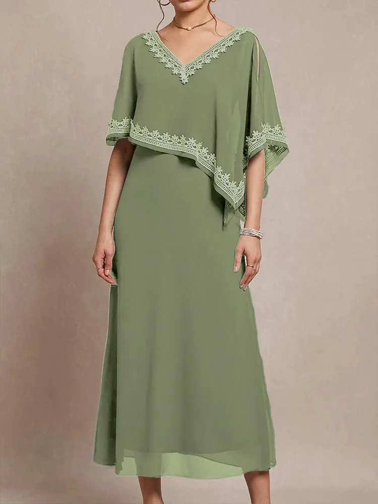 Half Sleeves V-neck Tea Length Embellished Cape Chiffon Mother Of The Bride Dress