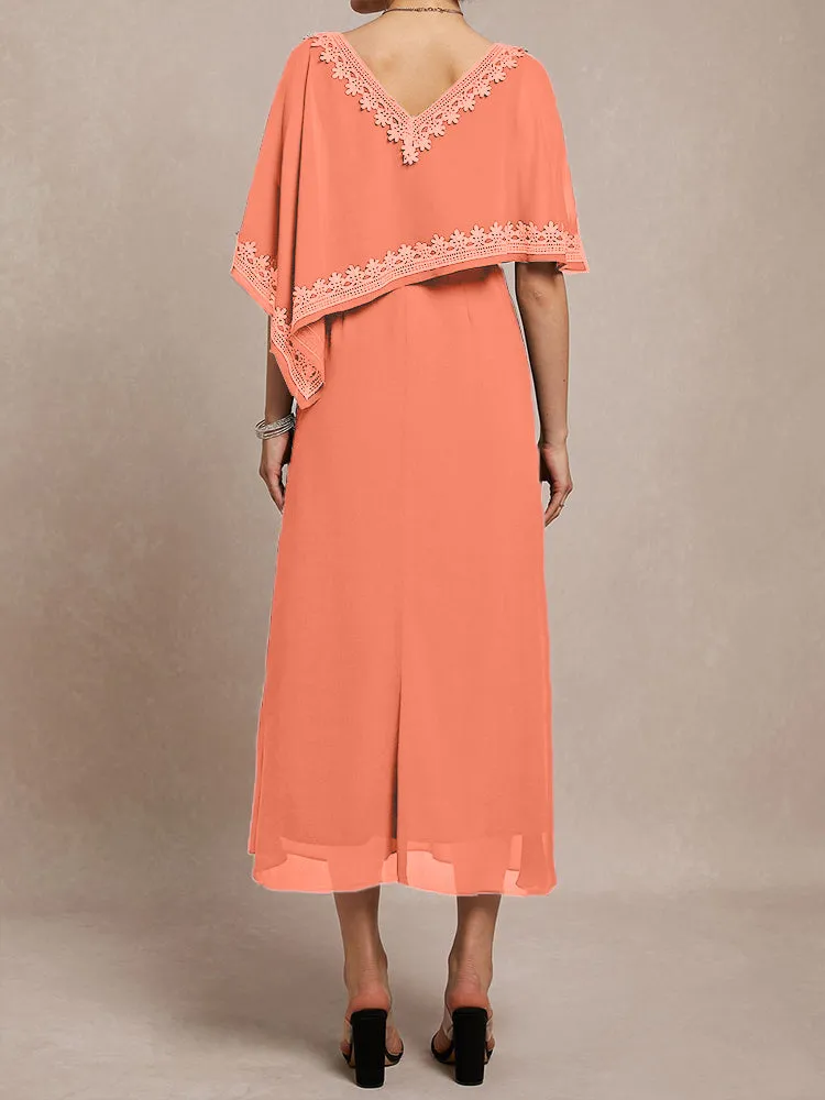 Half Sleeves V-neck Tea Length Embellished Cape Chiffon Mother Of The Bride Dress