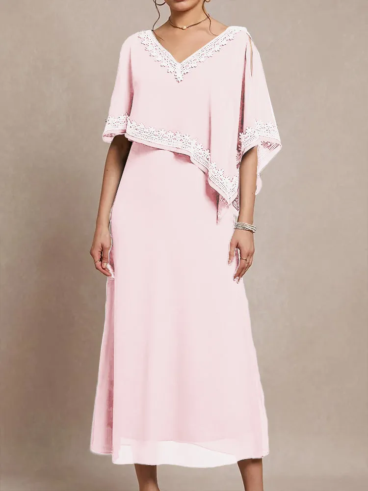 Half Sleeves V-neck Tea Length Embellished Cape Chiffon Mother Of The Bride Dress