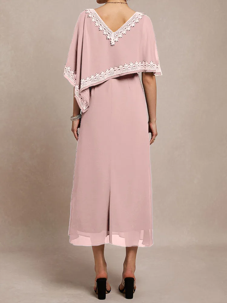 Half Sleeves V-neck Tea Length Embellished Cape Chiffon Mother Of The Bride Dress