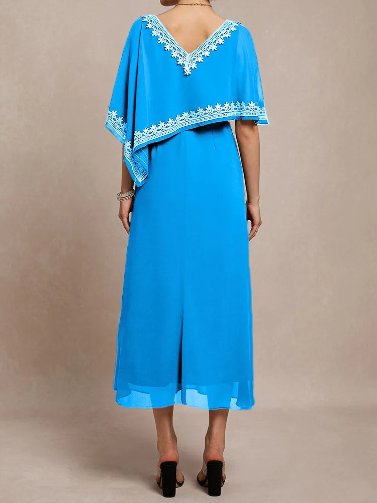 Half Sleeves V-neck Tea Length Embellished Cape Chiffon Mother Of The Bride Dress