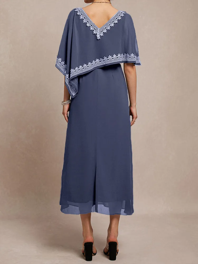 Half Sleeves V-neck Tea Length Embellished Cape Chiffon Mother Of The Bride Dress