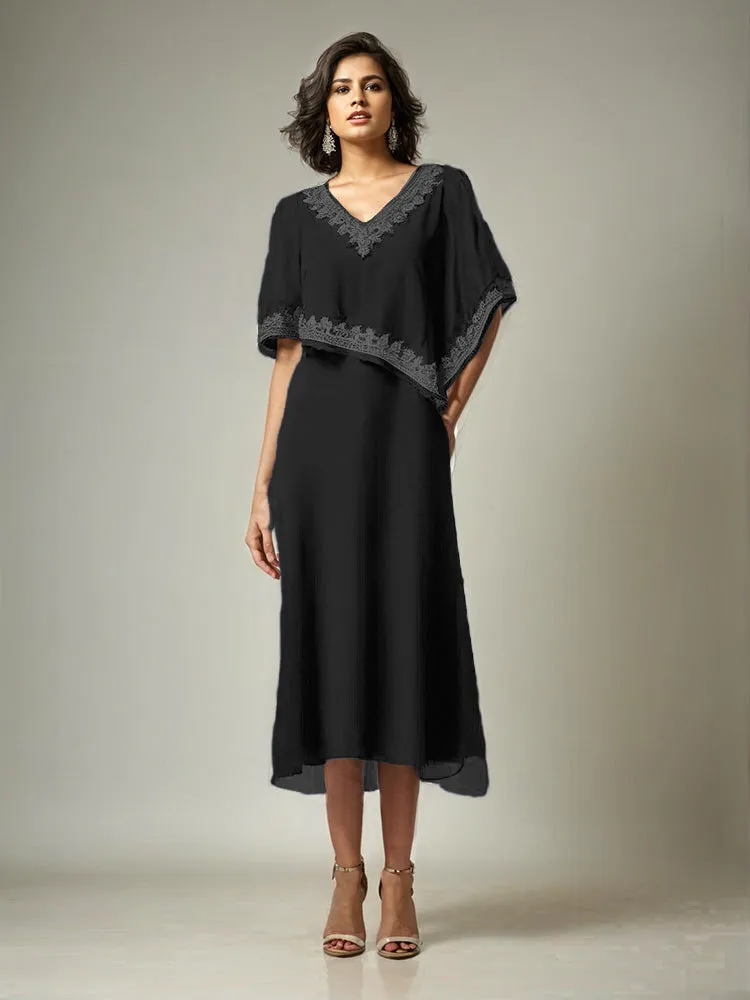 Half Sleeves V-neck Tea Length Embellished Cape Chiffon Mother Of The Bride Dress