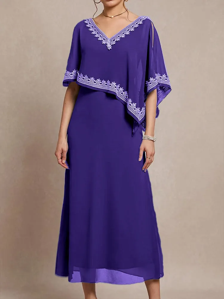 Half Sleeves V-neck Tea Length Embellished Cape Chiffon Mother Of The Bride Dress