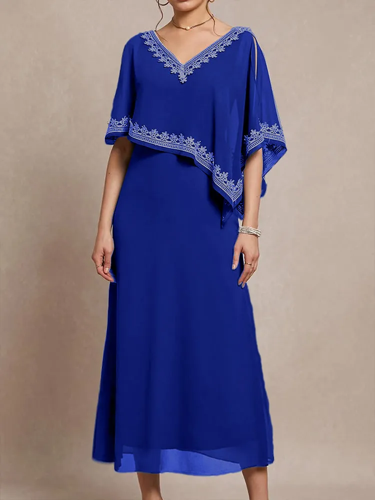 Half Sleeves V-neck Tea Length Embellished Cape Chiffon Mother Of The Bride Dress