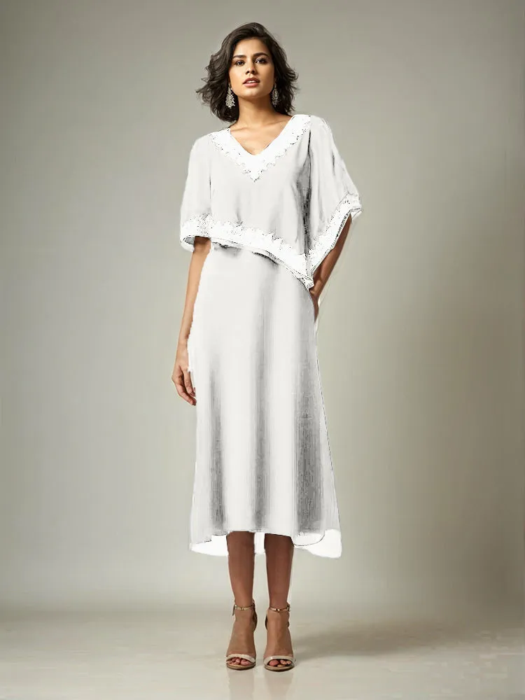 Half Sleeves V-neck Tea Length Embellished Cape Chiffon Mother Of The Bride Dress