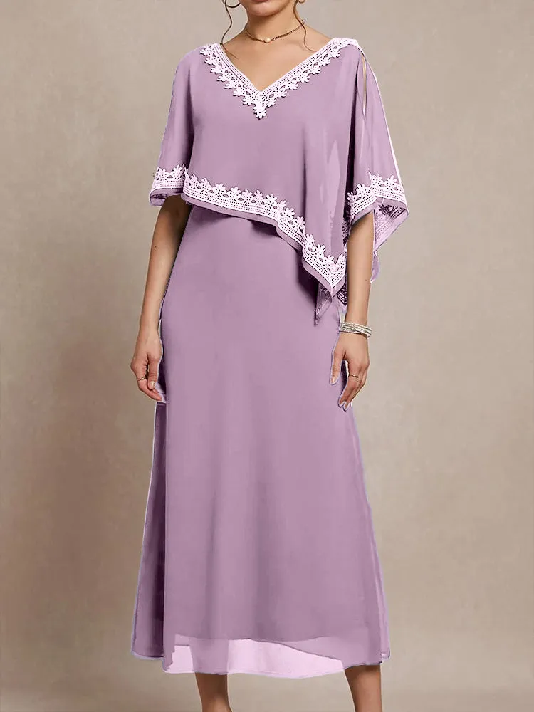 Half Sleeves V-neck Tea Length Embellished Cape Chiffon Mother Of The Bride Dress