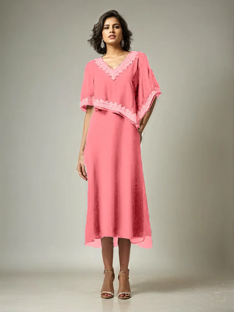 Half Sleeves V-neck Tea Length Embellished Cape Chiffon Mother Of The Bride Dress