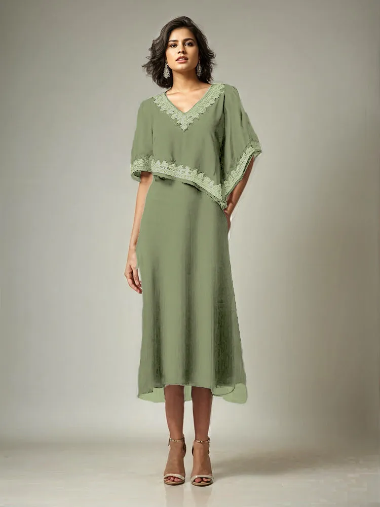 Half Sleeves V-neck Tea Length Embellished Cape Chiffon Mother Of The Bride Dress