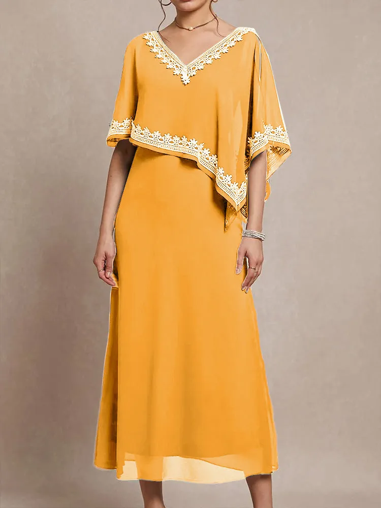 Half Sleeves V-neck Tea Length Embellished Cape Chiffon Mother Of The Bride Dress