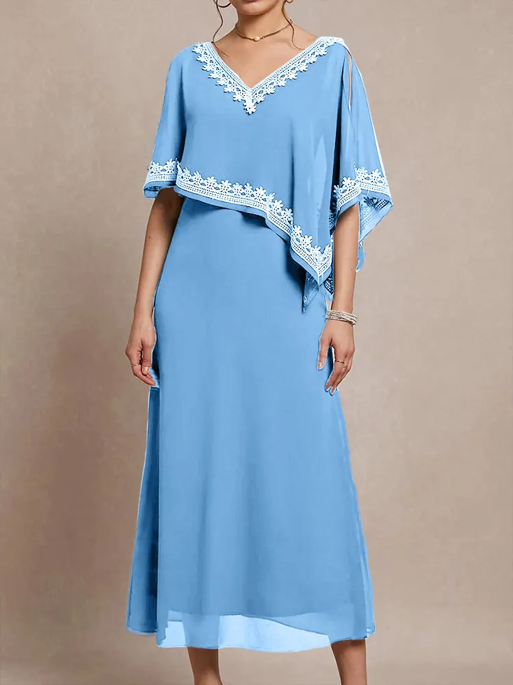 Half Sleeves V-neck Tea Length Embellished Cape Chiffon Mother Of The Bride Dress