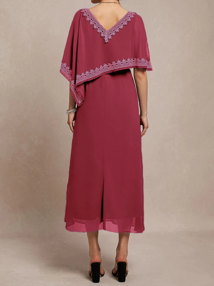 Half Sleeves V-neck Tea Length Embellished Cape Chiffon Mother Of The Bride Dress