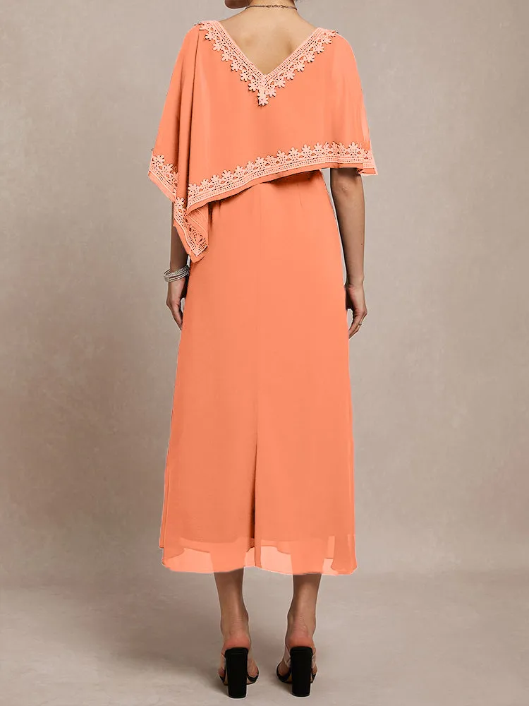 Half Sleeves V-neck Tea Length Embellished Cape Chiffon Mother Of The Bride Dress