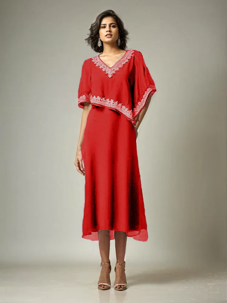 Half Sleeves V-neck Tea Length Embellished Cape Chiffon Mother Of The Bride Dress