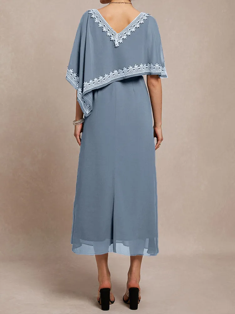 Half Sleeves V-neck Tea Length Embellished Cape Chiffon Mother Of The Bride Dress