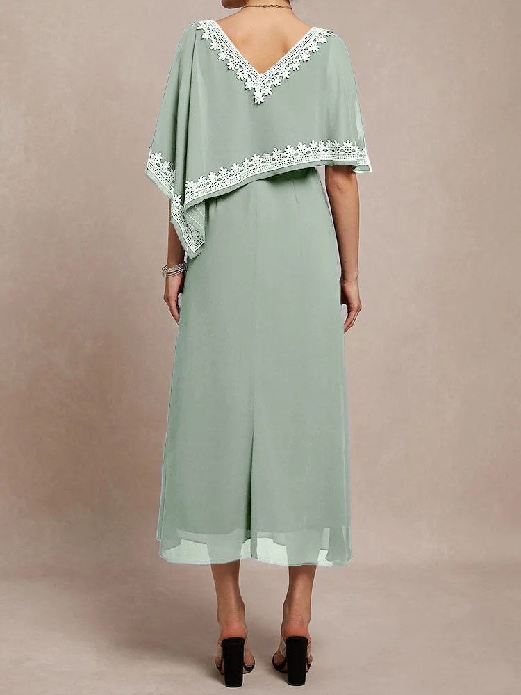 Half Sleeves V-neck Tea Length Embellished Cape Chiffon Mother Of The Bride Dress