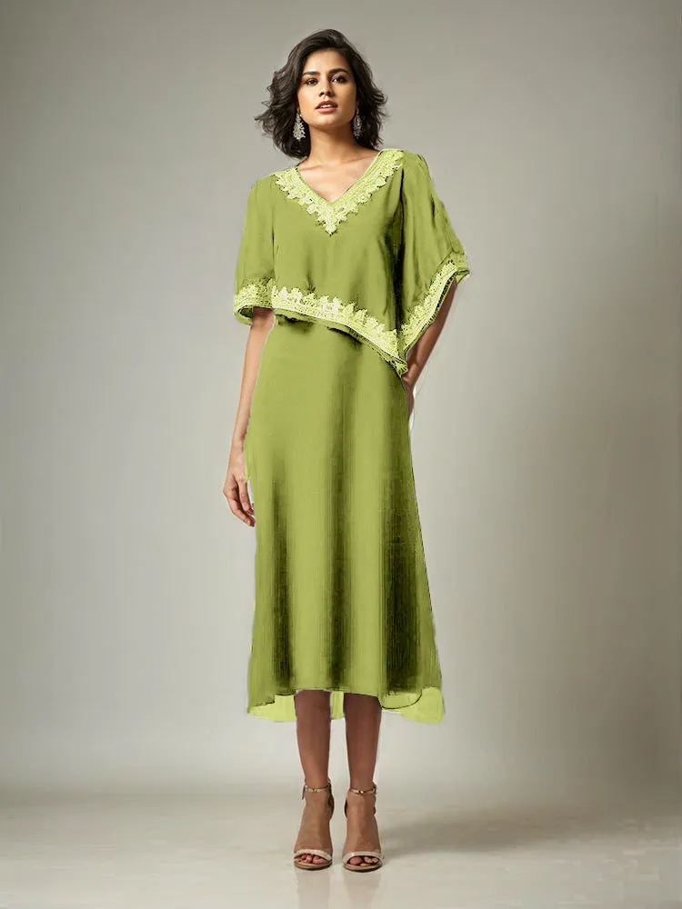 Half Sleeves V-neck Tea Length Embellished Cape Chiffon Mother Of The Bride Dress