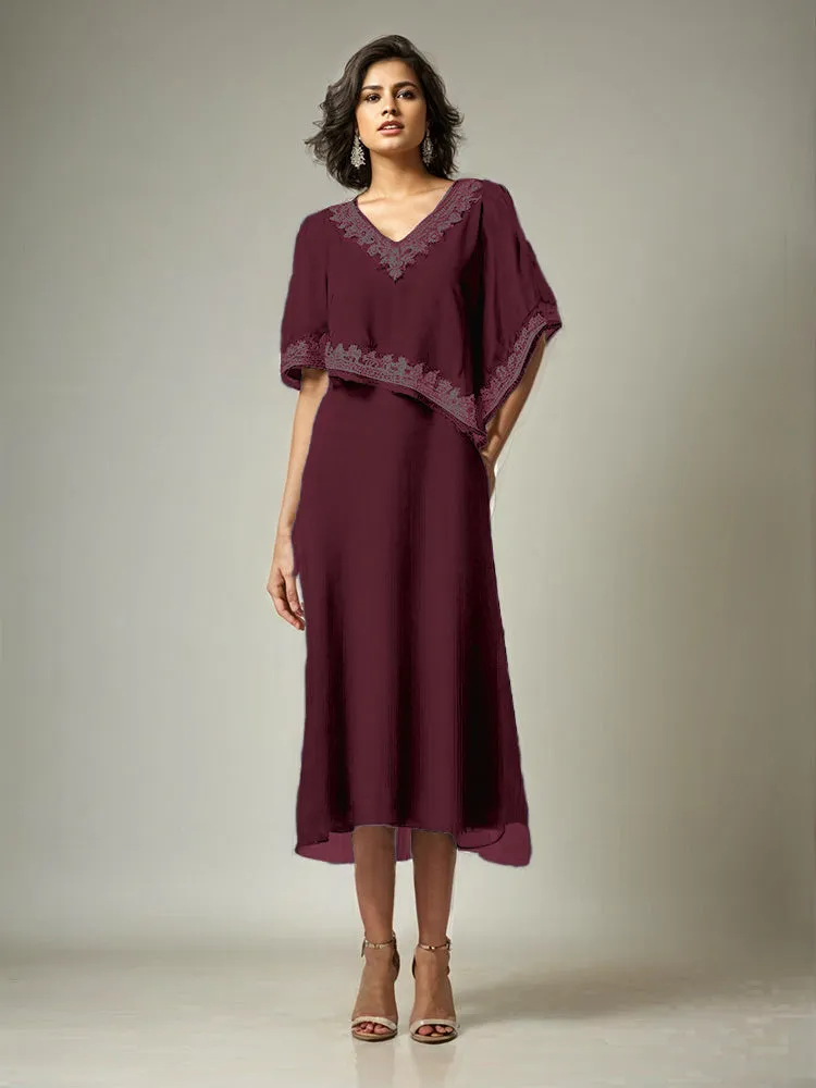 Half Sleeves V-neck Tea Length Embellished Cape Chiffon Mother Of The Bride Dress