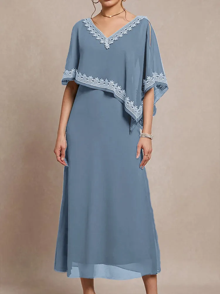 Half Sleeves V-neck Tea Length Embellished Cape Chiffon Mother Of The Bride Dress