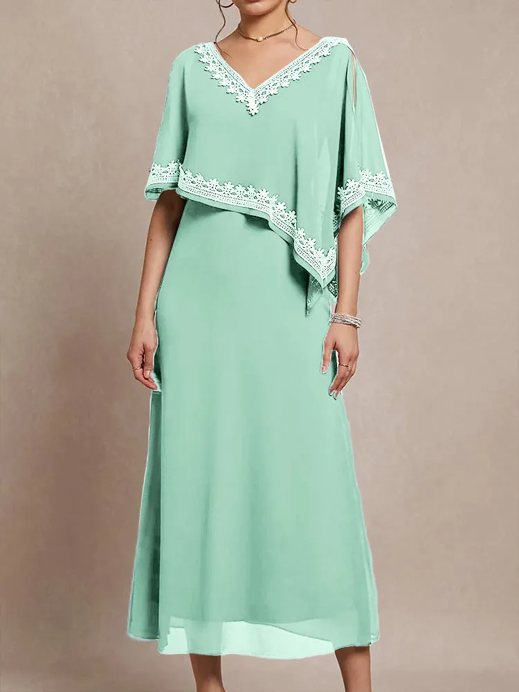 Half Sleeves V-neck Tea Length Embellished Cape Chiffon Mother Of The Bride Dress