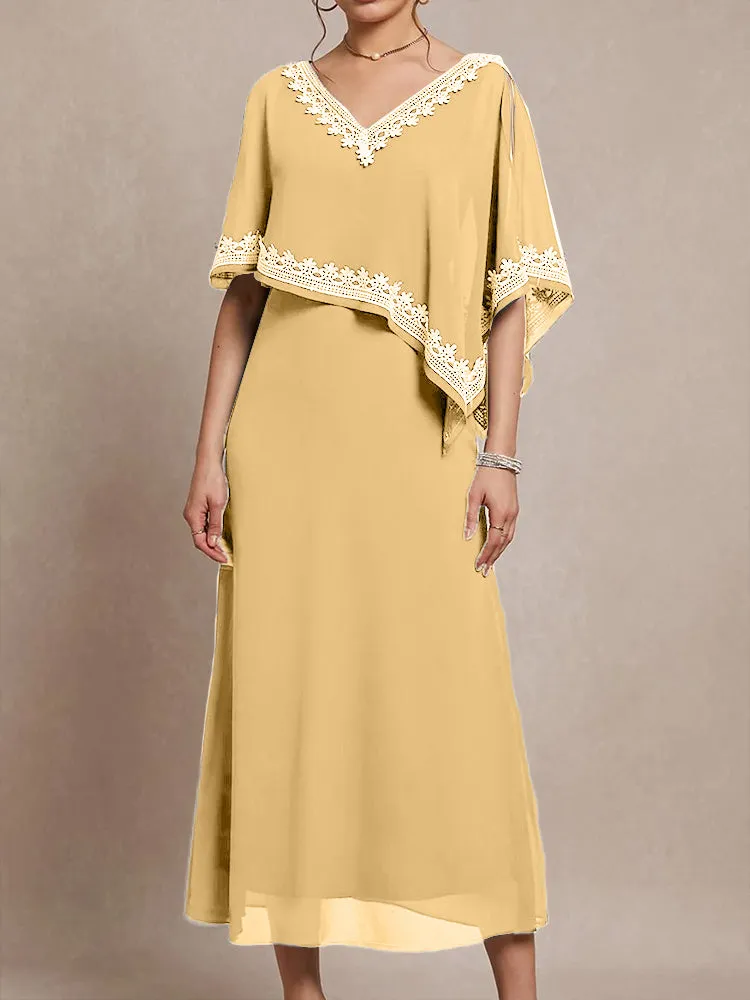 Half Sleeves V-neck Tea Length Embellished Cape Chiffon Mother Of The Bride Dress