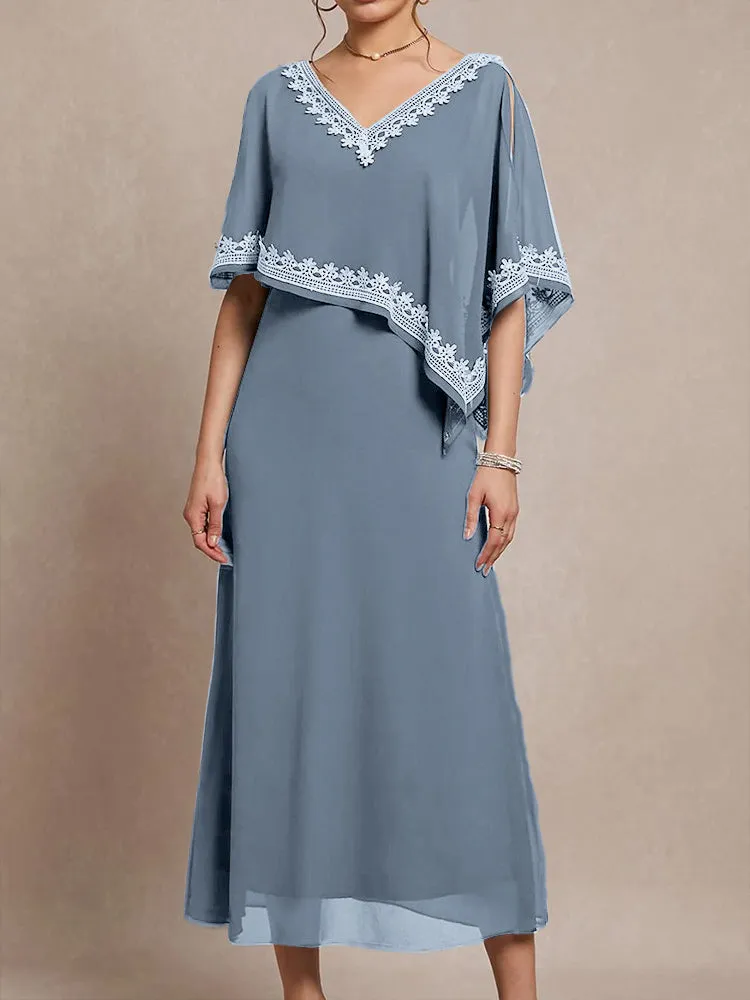 Half Sleeves V-neck Tea Length Embellished Cape Chiffon Mother Of The Bride Dress