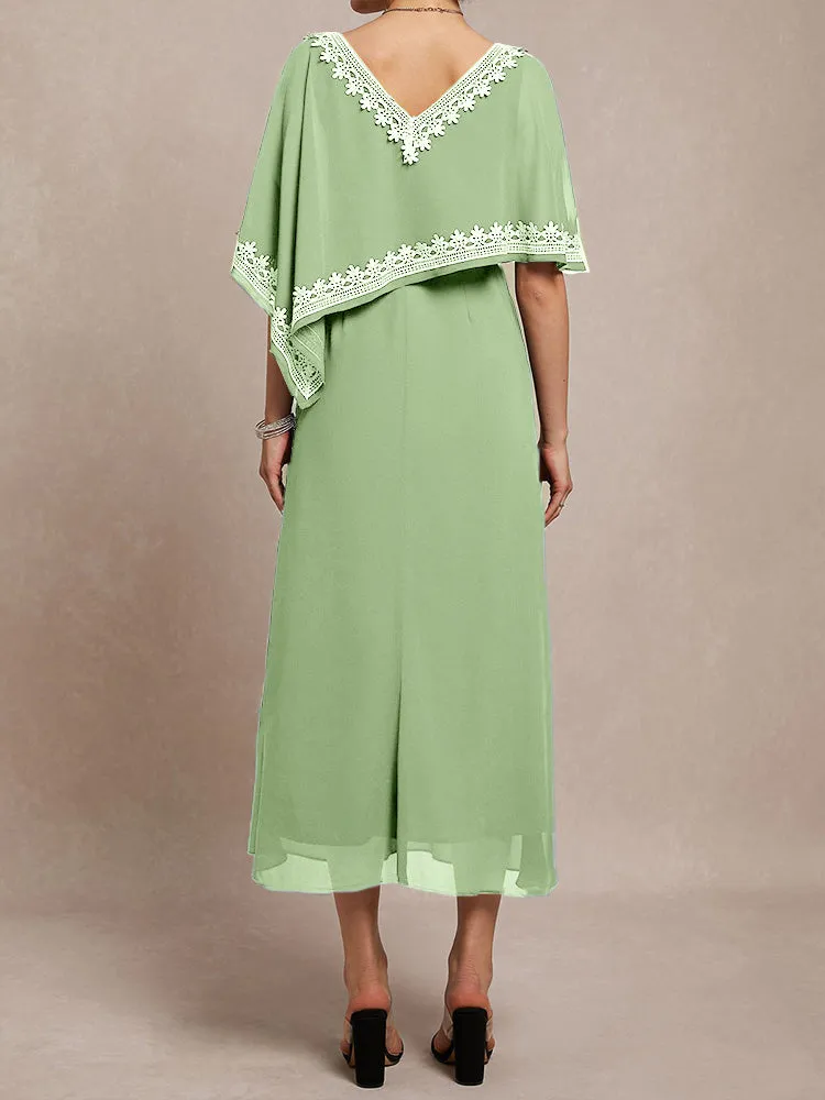 Half Sleeves V-neck Tea Length Embellished Cape Chiffon Mother Of The Bride Dress