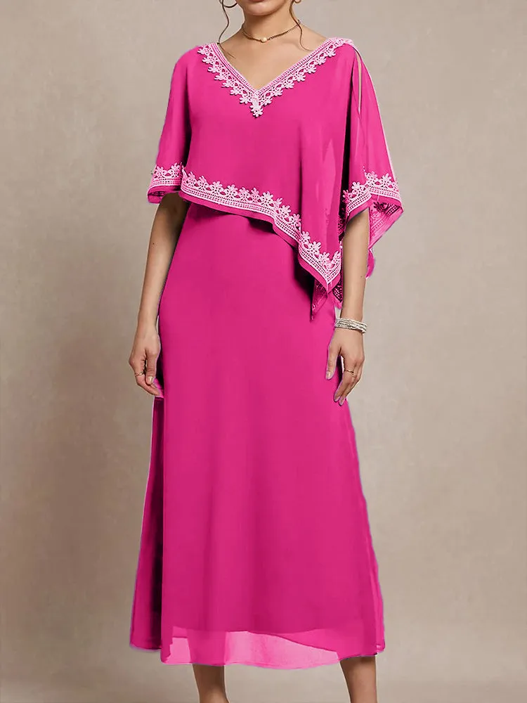 Half Sleeves V-neck Tea Length Embellished Cape Chiffon Mother Of The Bride Dress