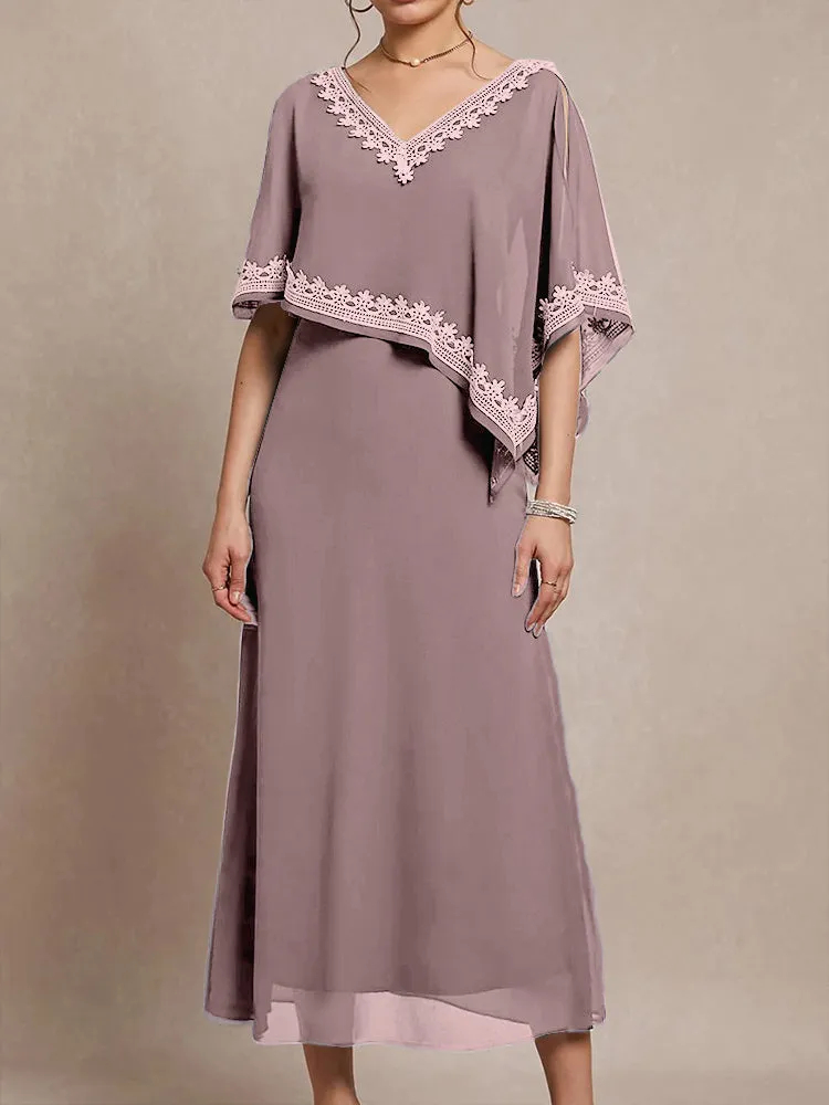 Half Sleeves V-neck Tea Length Embellished Cape Chiffon Mother Of The Bride Dress