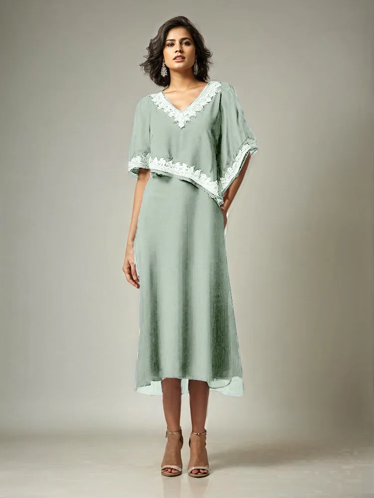 Half Sleeves V-neck Tea Length Embellished Cape Chiffon Mother Of The Bride Dress