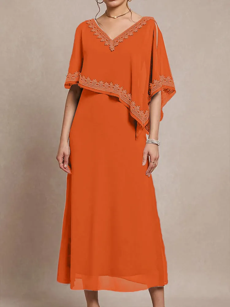 Half Sleeves V-neck Tea Length Embellished Cape Chiffon Mother Of The Bride Dress