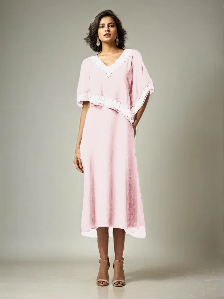 Half Sleeves V-neck Tea Length Embellished Cape Chiffon Mother Of The Bride Dress