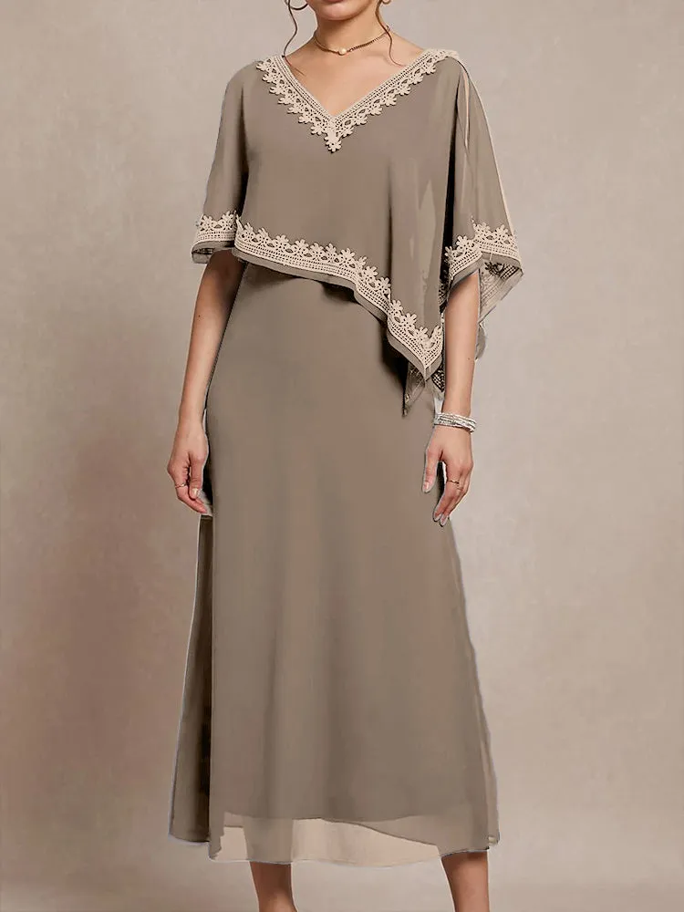 Half Sleeves V-neck Tea Length Embellished Cape Chiffon Mother Of The Bride Dress