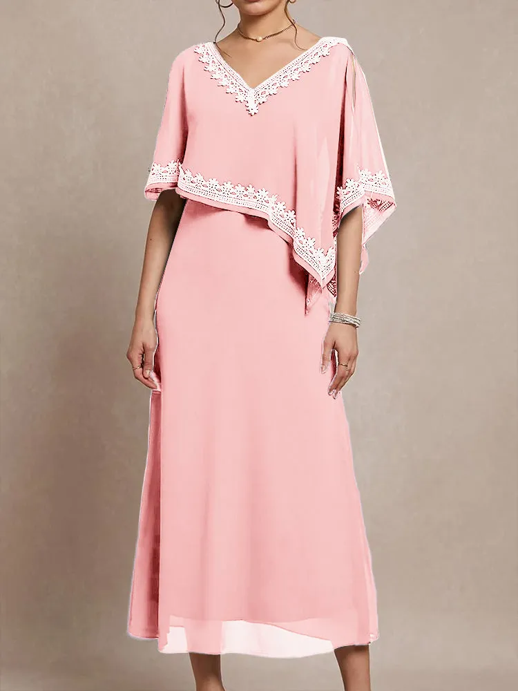 Half Sleeves V-neck Tea Length Embellished Cape Chiffon Mother Of The Bride Dress